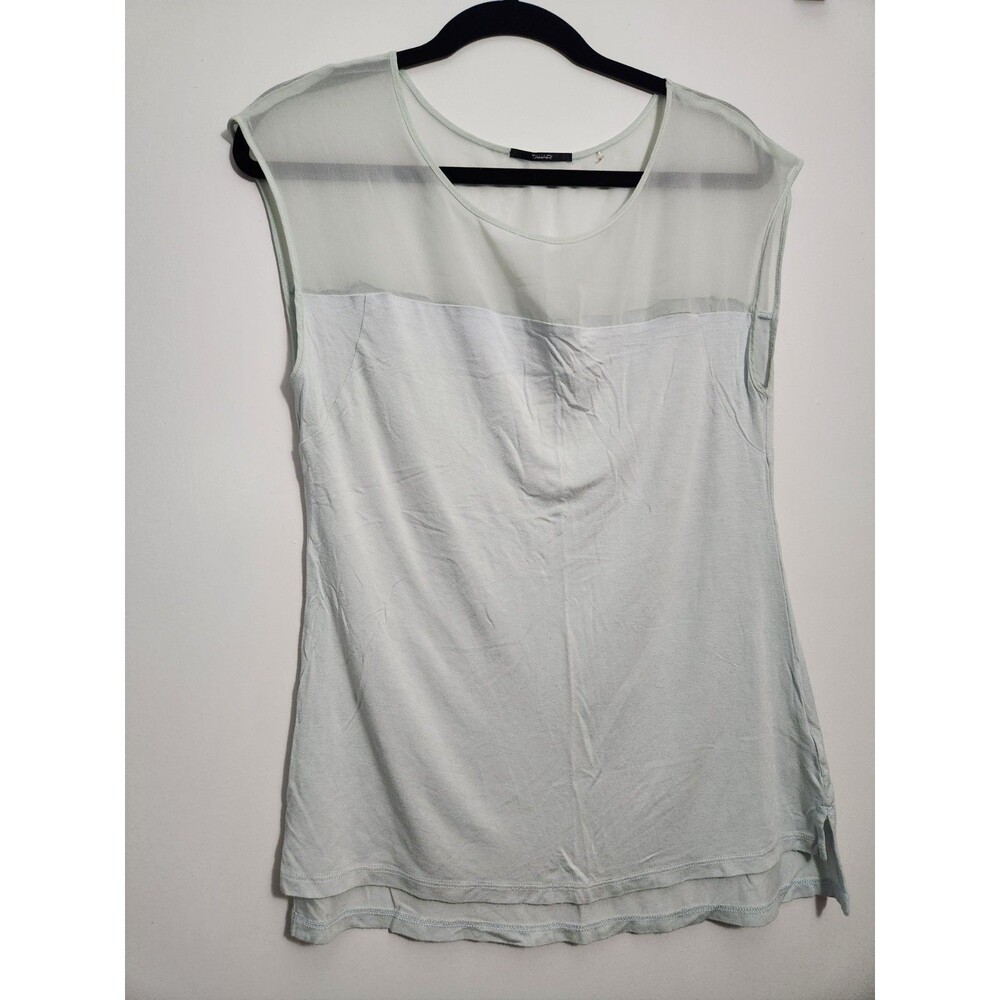 Tahari Womens M Sleeveless Career Blouse Office Light Blue Contemporary Stretch